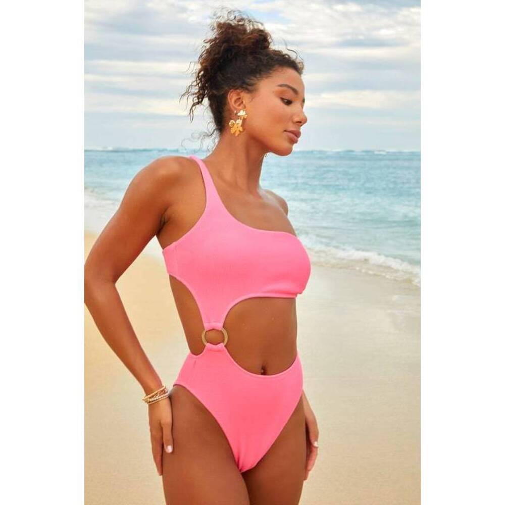 Lulus Oh Yeah Hot Pink Ribbed One-shoulder O-ring One-piece Swimsuit - Size L
